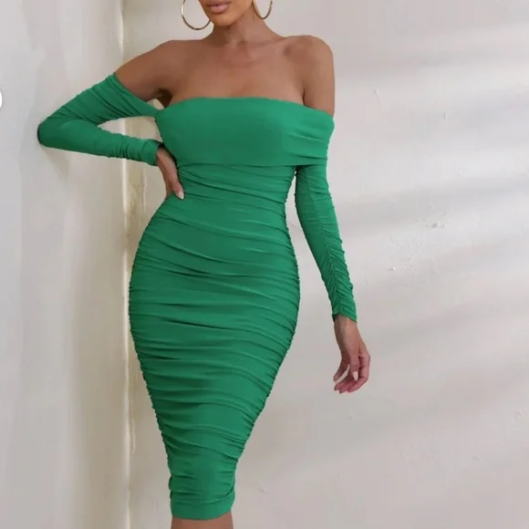 white christmas dresses Law of Attraction Bottle Green Bardot Draped Split Maxi Dress – Club L  London main image 1